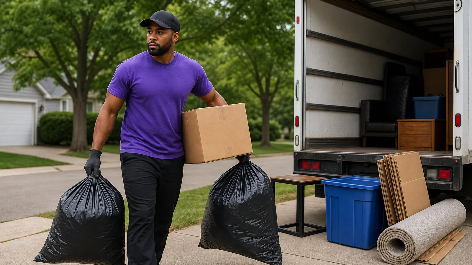 Junk removal crew member carrying bags and a box beside a truck