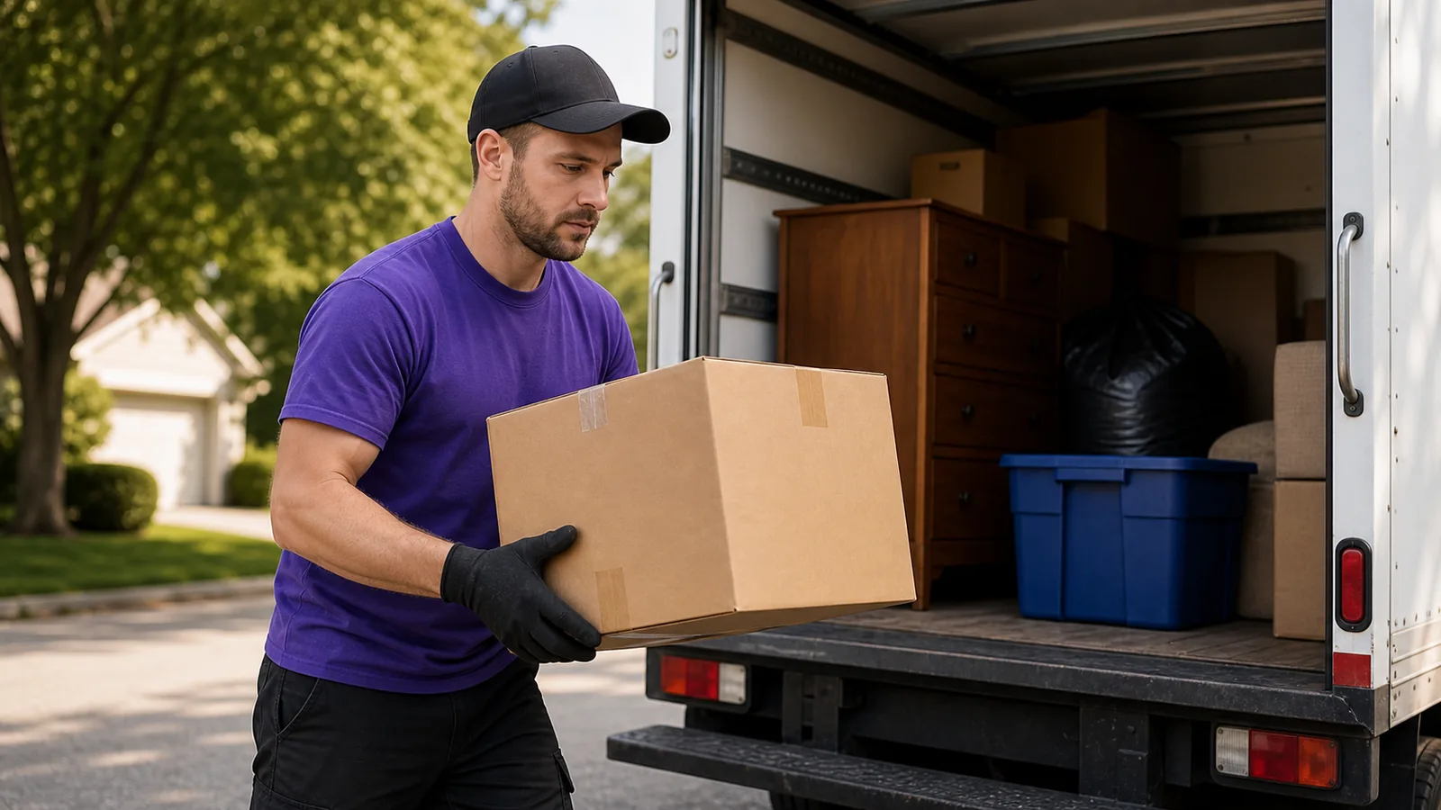 Junk removal worker carrying a box toward an open removal truck
